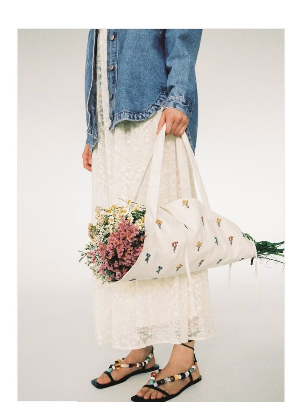 NWT Zara Embroidered Flower-Carry Canvas Tote Bag
